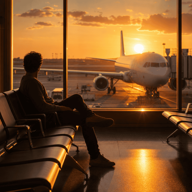 A west-facing gate window near sunset floods the whole seating area with free golden light.