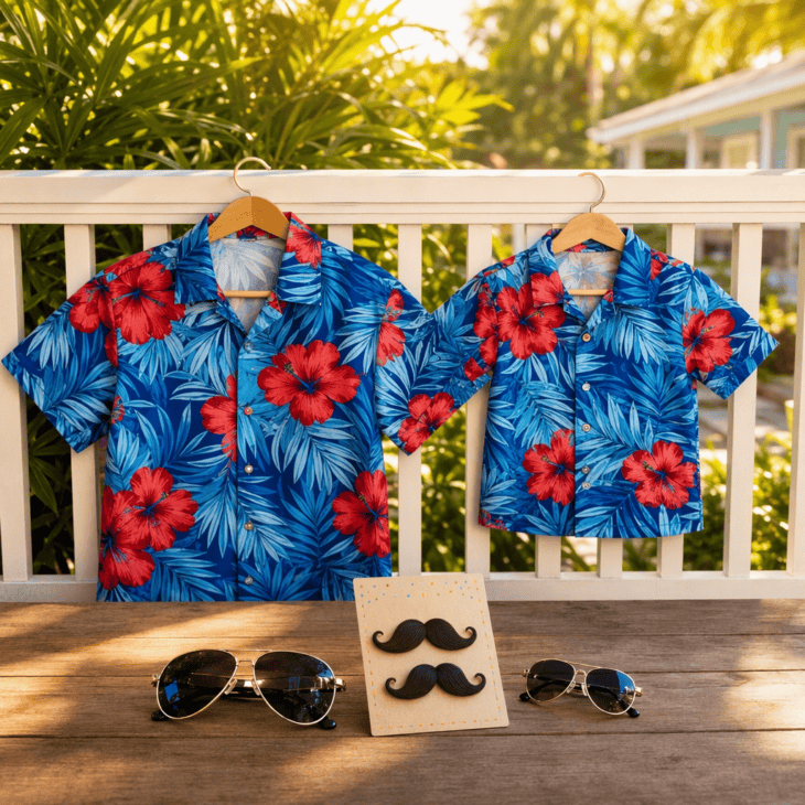 Matching Hawaiian shirts and mustaches turn a parent and child into Goose and Rooster.