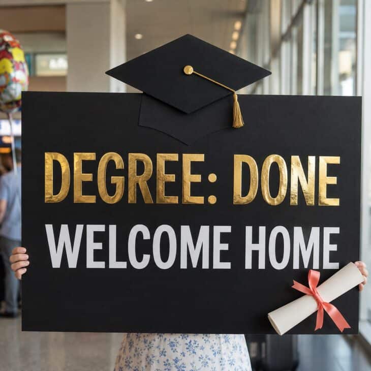 A cap, diploma, and two short lines give the graduate one more finish-line moment.