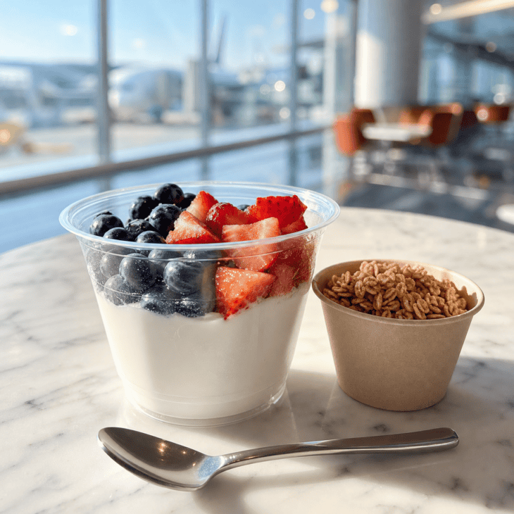 Yogurt, berries, and separately packed granola make a fresh breakfast with contrasting textures.