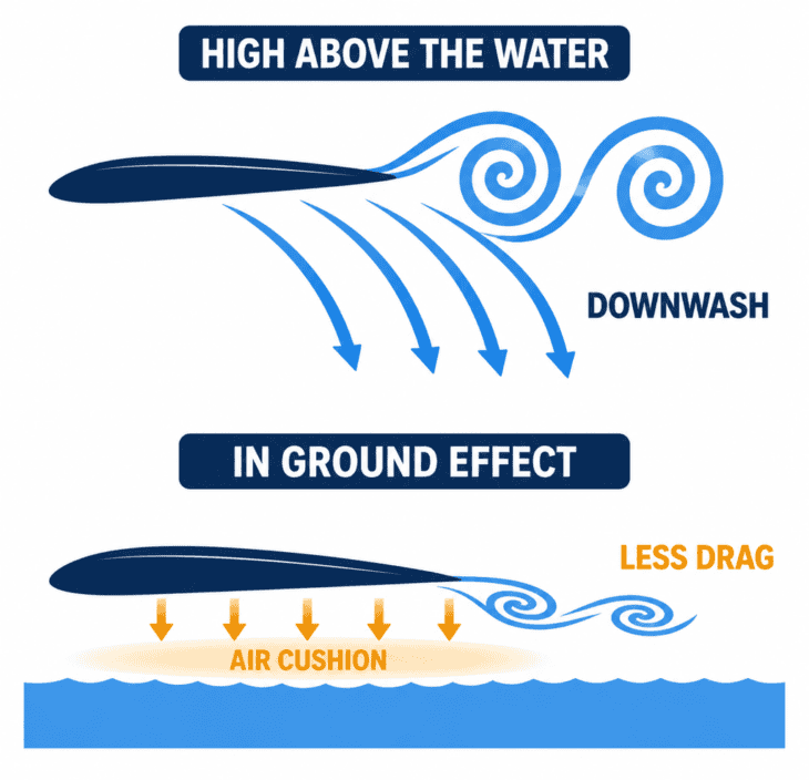 Close to the water, the surface squashes the wingtip vortices and the downwash, cutting drag and trapping a cushion of air under the wing.