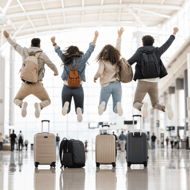 Bags down, everyone up: the arrivals-hall jump is the payoff shot at the end of the journey.