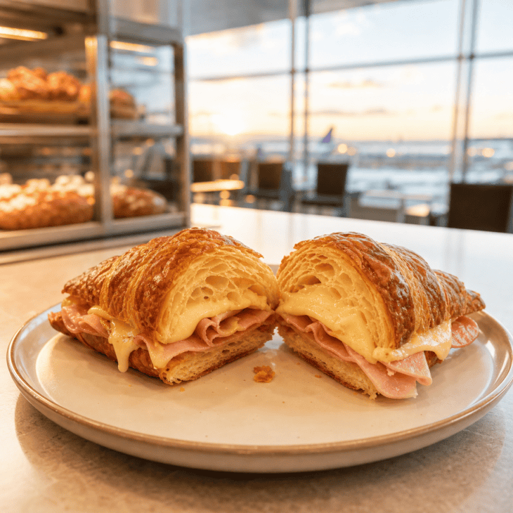 A warm ham-and-cheese croissant is a classic bakery breakfast for a short terminal stop.