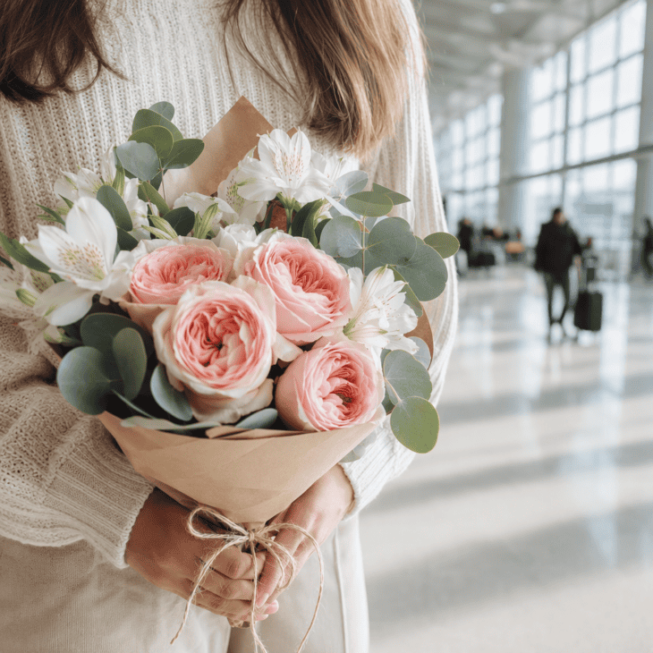 A compact hand-tied bouquet is easy to hold while you watch the arrivals door.