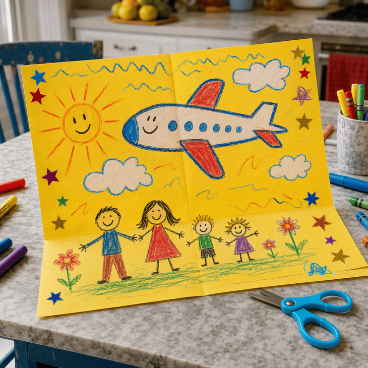 A card drawn by the kids gives the youngest greeters their own role in the reunion.