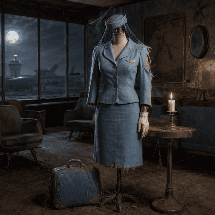 Dust, cobwebs and a faded 1960s suit turn the classic stewardess into a ghost of the jet age.