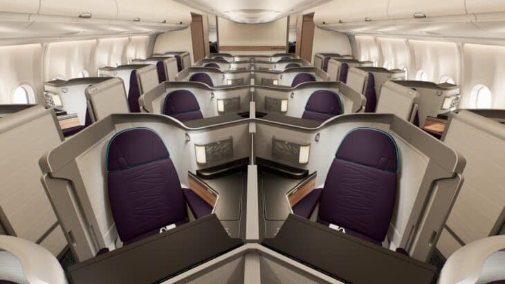 Rendering of a Hawaiian Airlines A330 Leihōkū Suites cabin with purple seats inside angled privacy shells