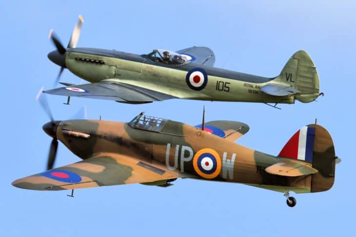 Hurricane Mk I R4118 formates with Supermarine Seafire F Mk XVII SX336 during Shuttleworth Uncovered at Old Warden in October 2015.