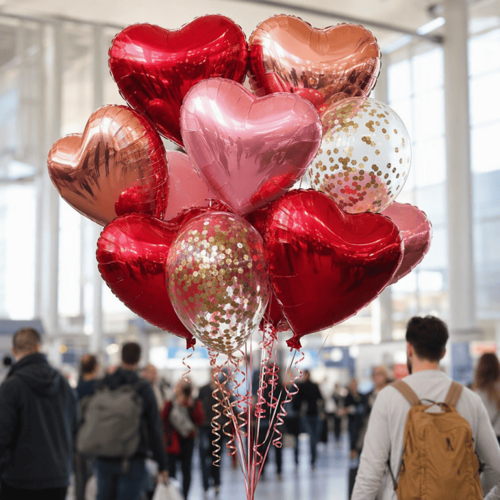 Heart balloons rise above the crowd and act as a beacon she can find from the doors.