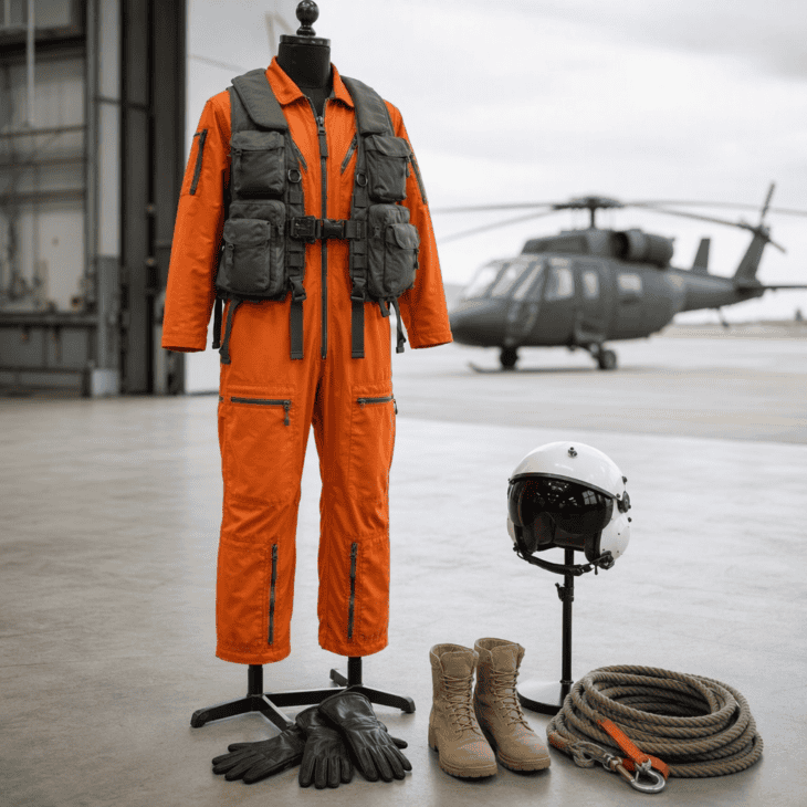 An orange flight suit and a visored helmet make the rescue pilot easy to spot on a dark street.