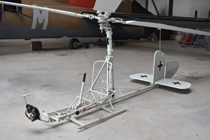 Focke-Achgelis Fa 330A-1 Bachstelze rotor kite on a museum floor, showing its open seat, tubular frame and small tail