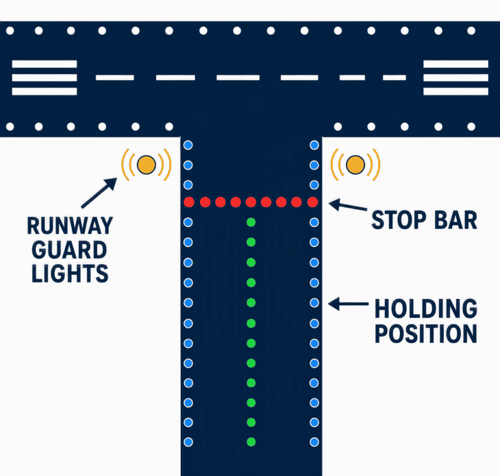 Flashing yellow guard lights and a red stop bar mark the line a crew may not cross without a clearance.