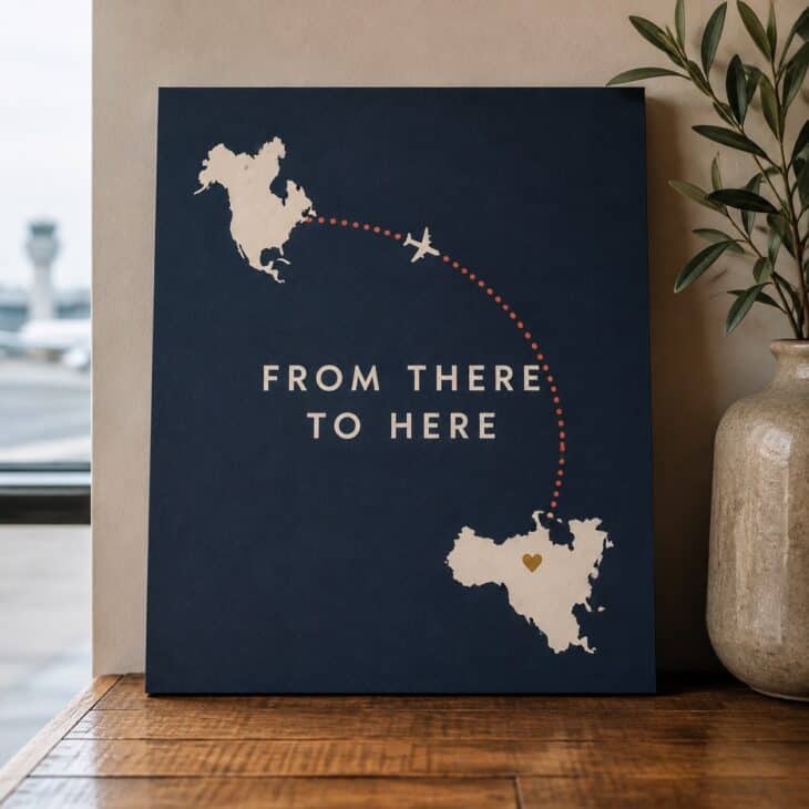 Two places and one curved line make the distance home visible without adding clutter.