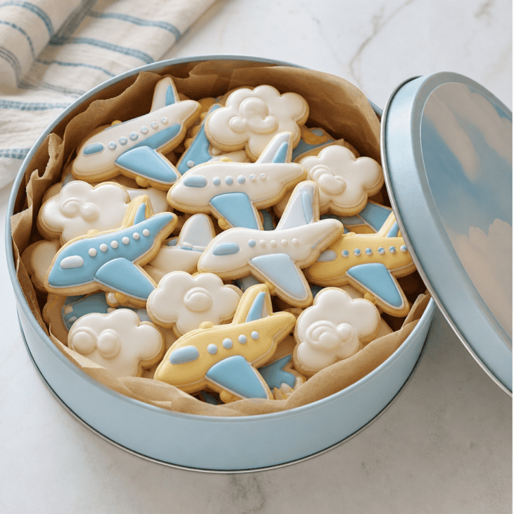 Airplane and cloud cookies nod to the trip, and kids can help decorate them.