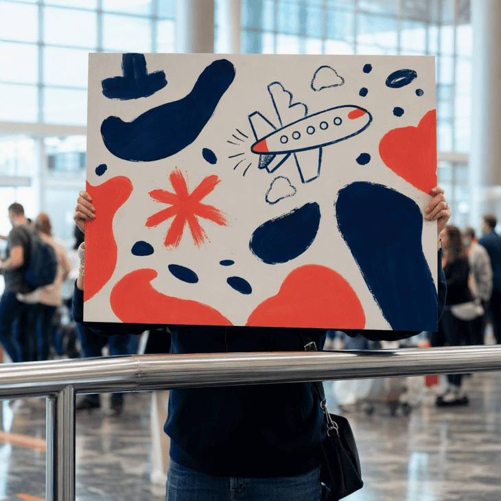 A sign built around a joke only he will get turns the arrivals crowd into your audience.