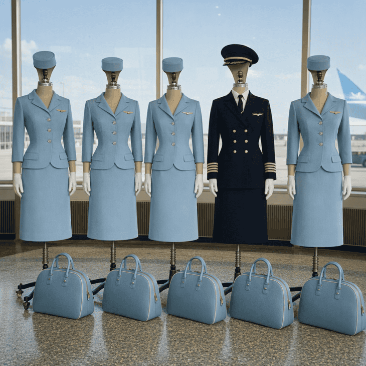 Matching suits, hats and travel bags make a jet-age crew one of the best group costumes around.