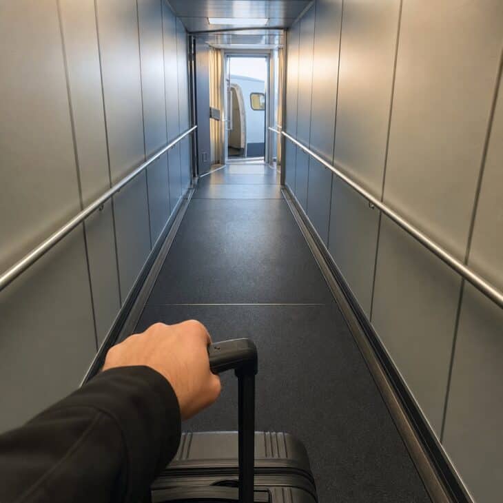 The repeating lines of a jet bridge make the short boarding walk feel cinematic.