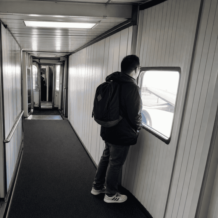 The side windows in the jet bridge give you a last close look at the aircraft before you step on.