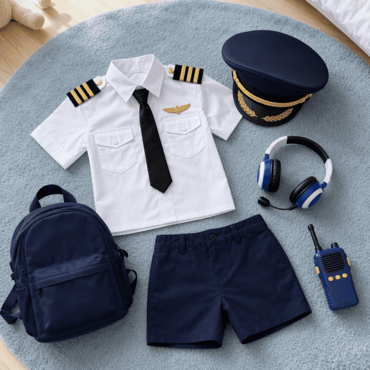 A kids' captain set with a clip-on tie and a backpack flight bag is ready for trick-or-treat.
