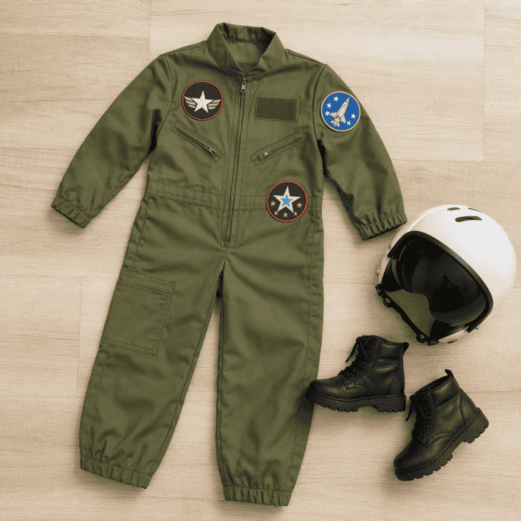 A kids' flight suit with a custom call-sign name tag is the costume they will wear all year.