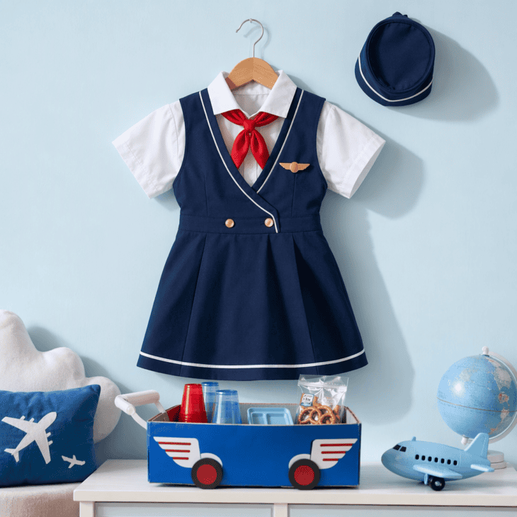 A small navy dress, a tiny hat and a toy drink cart make a kids' costume that doubles as a dress-up set.