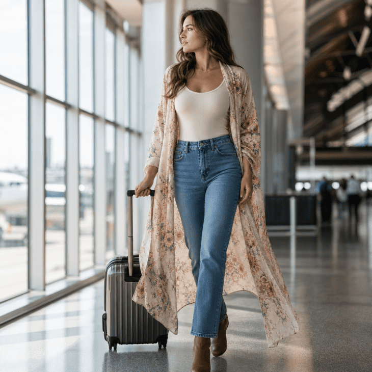 A kimono cardigan over a ribbed bodysuit adds movement and warmth without any bulk at the waist.