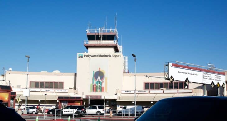 Hollywood Burbank Airport control tower above the terminal on a clear day