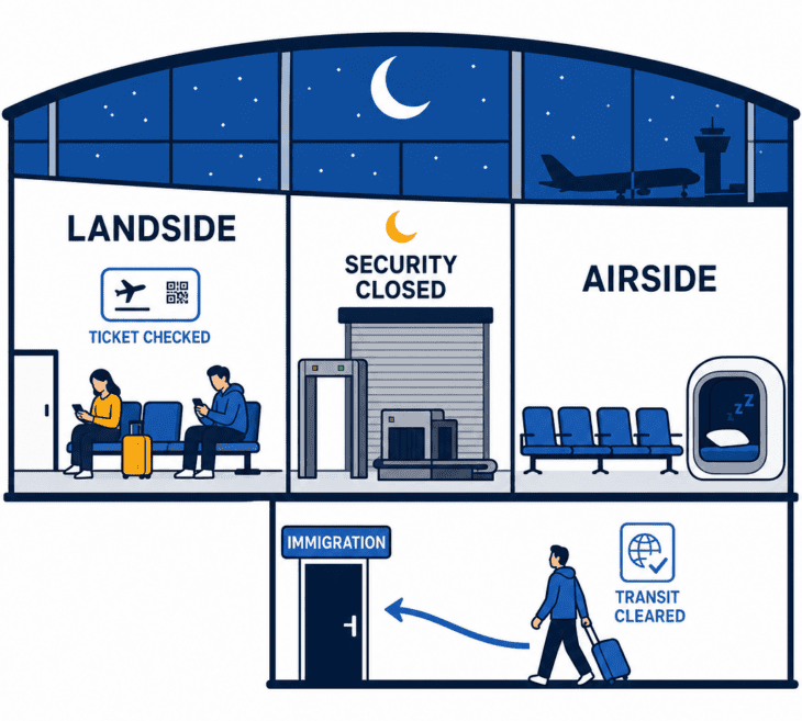 At night the checkpoint splits the airport in two, and some airports empty the transit area, sending connecting passengers out through immigration.