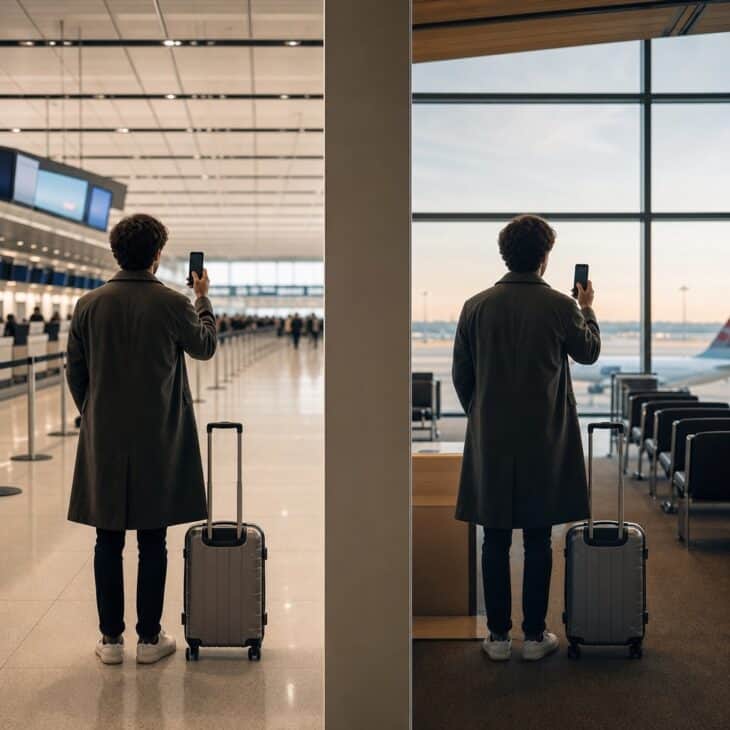 Matching the pose before and after security creates a clean location change without filming the checkpoint.