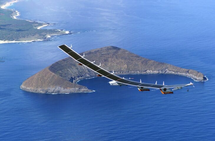 Helios Prototype flying over Lehua Island off Hawaii with its full wing visible