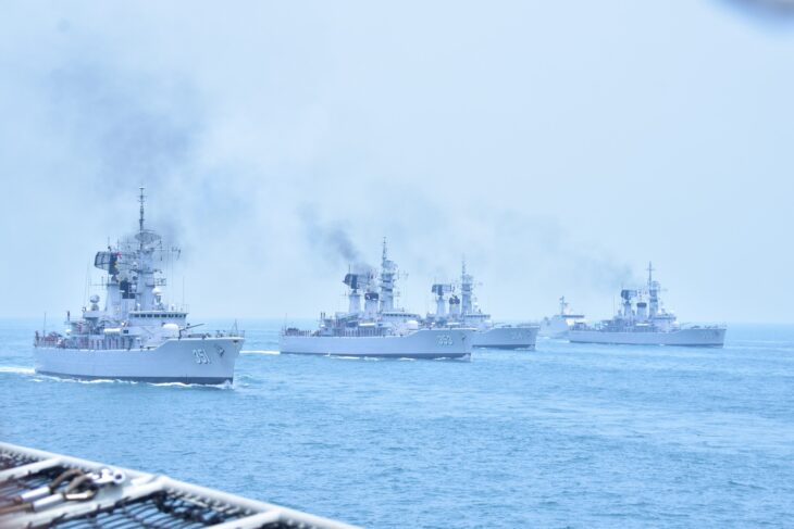 Four Ahmad Yani class frigates of the Indonesian Navy sailing in line astern during a fleet review