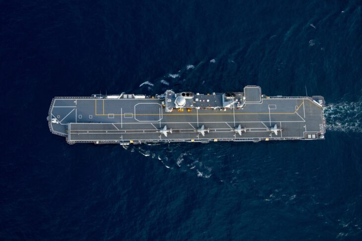 The Italian Navy aircraft carrier ITS Cavour under way in the Ionian Sea, seen from astern on the starboard quarter