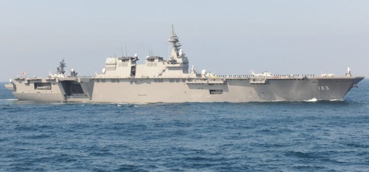 The Japan Maritime Self Defense Force helicopter destroyer JS Izumo under way, seen from the port side