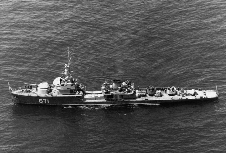 Aerial port side view of a North Korean Navy T class patrol combatant under way at sea