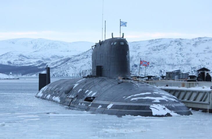The Russian Navy Yasen class nuclear attack submarine K-560 Severodvinsk on the surface