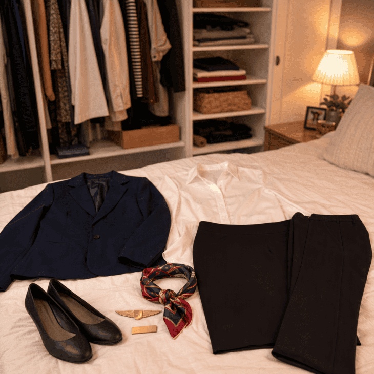 A blazer, a white shirt and a scarf from your own closet become a flight attendant in ten minutes.