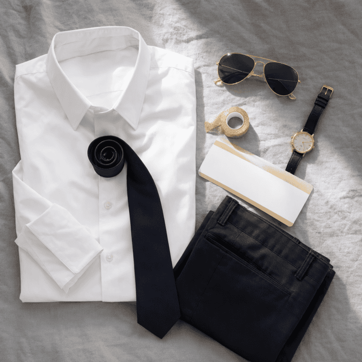 A white shirt, a dark tie and aviator sunglasses make a pilot costume in five minutes.
