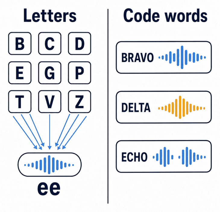 Nine spoken letters collapse into the same vowel sound over a noisy radio. Their code words do not.