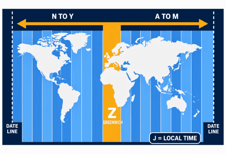 The lettered zones start at Z over Greenwich and run A to M eastward and N to Y westward, meeting at the date line.