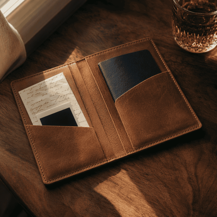 A leather travel wallet with a letter inside is both a practical gift and a sentimental one.