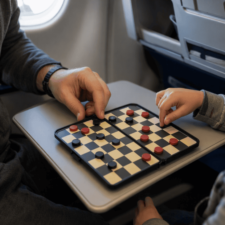 Magnetic pieces stay put through turbulence, which ordinary game pieces do not.
