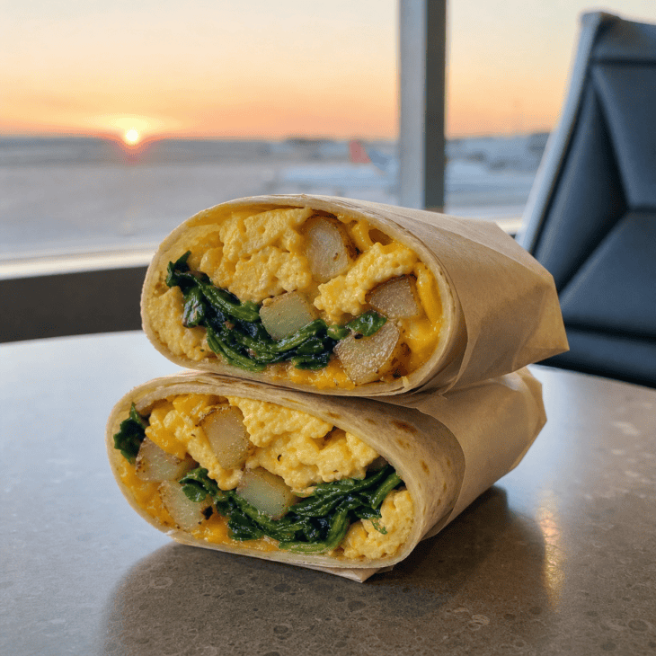 A tightly rolled breakfast burrito brings a full cooked meal into one handheld package.