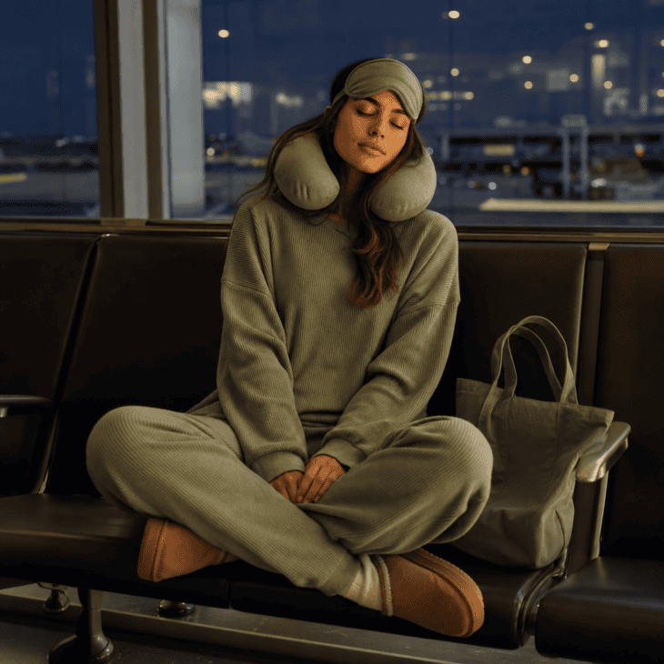 A matching ribbed loungewear set doubles as a travel outfit and in-flight pajamas for a red-eye.