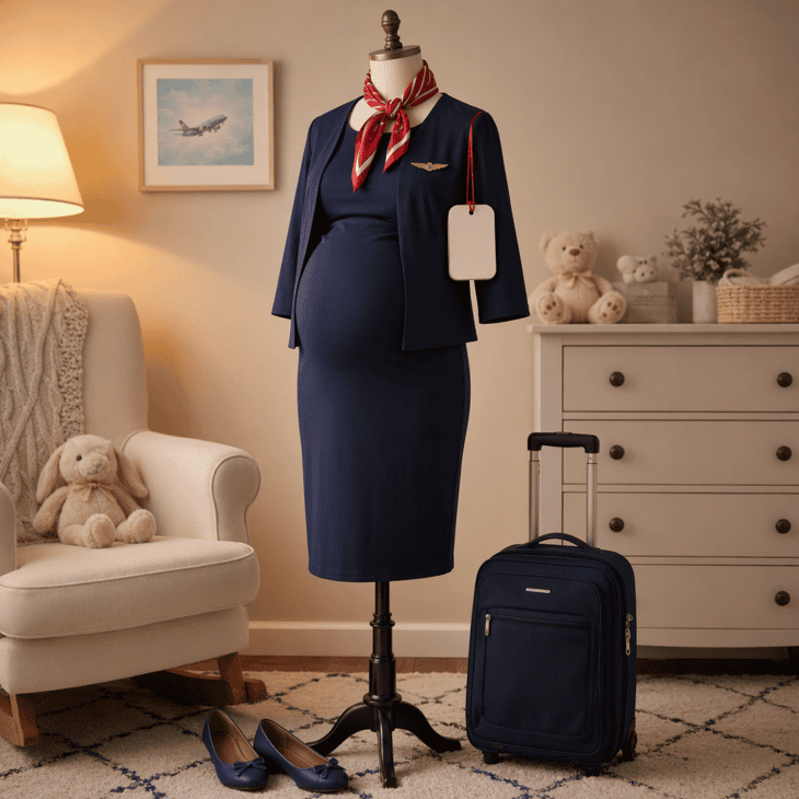 A stretch navy dress and a scarf turn a baby bump into a cheerful cabin crew costume.