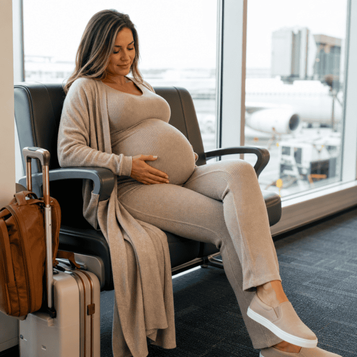 A ribbed stretch-knit maternity set with a full belly panel adjusts through a long flight.