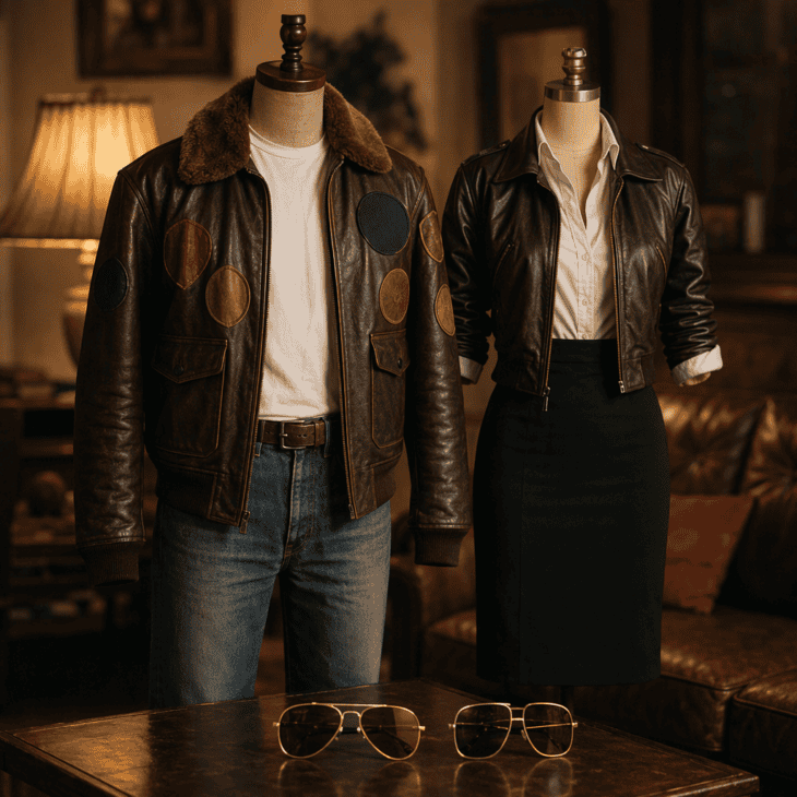 Two leather jackets and two styles of aviators make a matched 1986 couple.