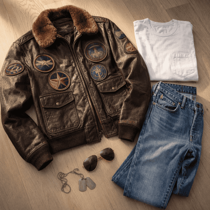 The jacket, white tee and jeans combination is Maverick's off-duty uniform in both films.