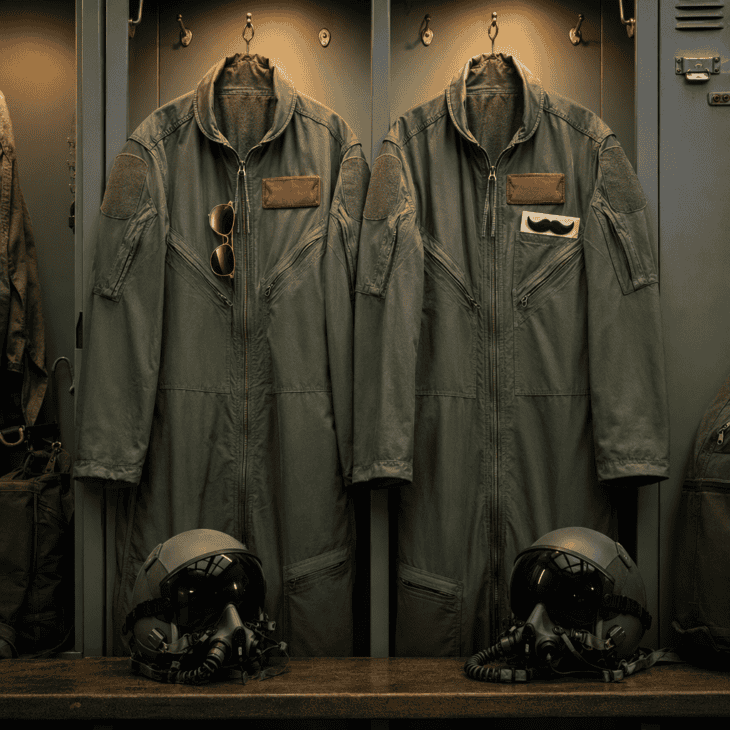 Two matching flight suits and one mustache are all it takes for the original crew.