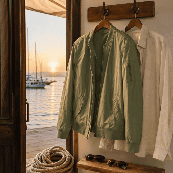 A flight jacket and a linen sailing shirt pair up for the 2022 couple.