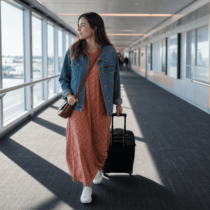 A soft jersey maxi dress paired with sneakers covers a long-haul flight with zero waistband pressure.